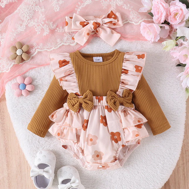 2-piece Autumn New Style 0-1 Year Old Girl Baby Sweet and Cute Round Collar Long-Sleeved Printed Bodysuit + Headband