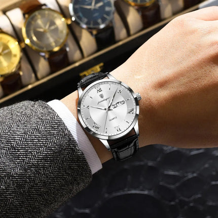POEDAGAR Classic Luxury Men's Wristwatch Date Week Leather Business Man Watch Waterproof Luminous Fashion Quartz Watches For Men