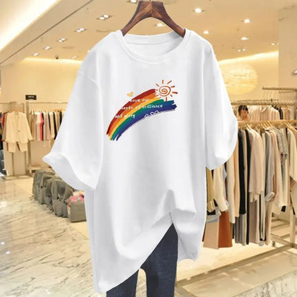Women Clothing Fashion Hand-Painted Rainbow Print Tshirt Summer O-neck Short Sleeve 100 Cotton Basic Tee Loose Chic Top 45-105Kg