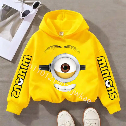 Minions Boys and Girls Hooded Yellow Sweatshirts Children's Autumn and Winter Casual Fashion Printed Warm Pullover Sweatshirts