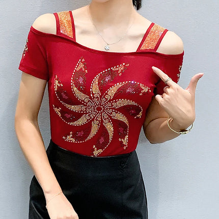 New Summer European Clothes Women's T-Shirts Luxury Butterfly Hot Diamonds Tees Sexy Streetwear Off-Shoulder Tops Shirt