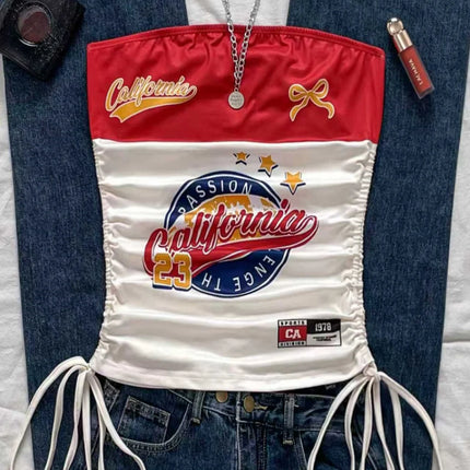 Women's Casual Retro Drawstring Front Cut Vest, suitable for Y2K and Guitar Prints in Spring and Summer