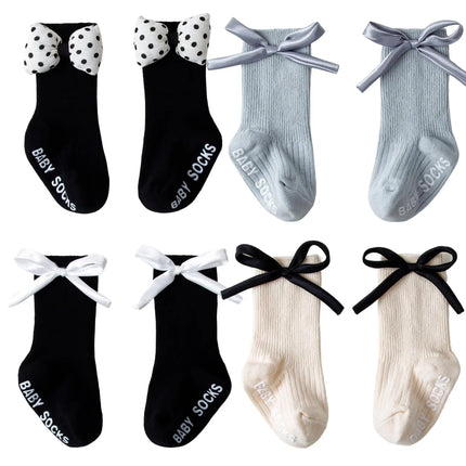 1/4pairs 0-2Y Cute Baby Girls' Cotton Mid-calf Socks Solid Bowknot Non-slip Sockens Toddler Kids Spring & Autumn Newborn Socks