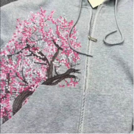 Personality Retro Trend Zipper Casual Hoodies Flower Tree Pattern Street Style Women Harajuku Goth Embroidery Y2k Relaxed Coat