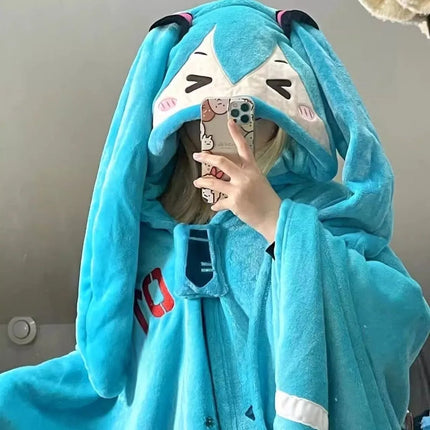 160x100cm Kawaii Hatsune Miku Multifunction Hooded Air Conditioning Blanket Soft And Warm Siesta Shawl Miku Flannel Cloak Gifts