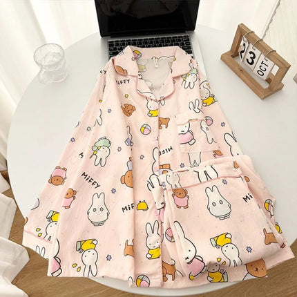 Kawaii Miffy Rabbit Pajamas for Girls Spring and Autumn Cloud Cotton Long-sleeved Pants Set Cute Cartoon Home Wear for Students