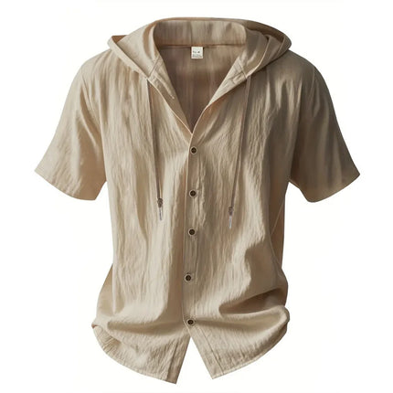 Men's Cotton Linen Shirt, Hooded, Short Sleeve, Solid Color, Breathable, Lightweight, Drawstring Design, Casual Basic Tees
