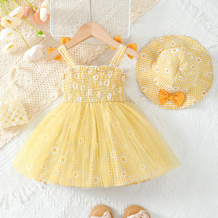 Baby girl Summer Dress Daisy Plaid Chiffon Sweet style Dress+Hat 2Pcs  for Cute Baby Girls aged 0-3 Years Vacation Casual Dress