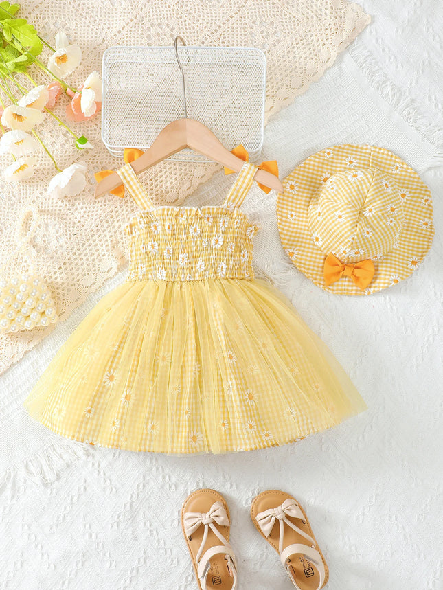 Baby Girl Summer Dress Daisy Plaid Chiffon Sweet Style Dress + Hat 2Pcs for Cute Baby Girls Aged 0-3 Years Vacation Casual Dress