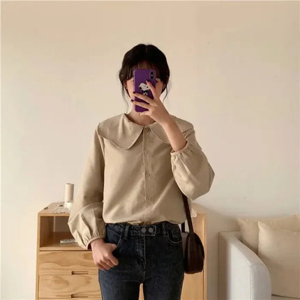 Casual Base Layer Top Autumn Collection Fresh Korean Style Doll Collar New Model Long Sleeve Shirt Women's Top