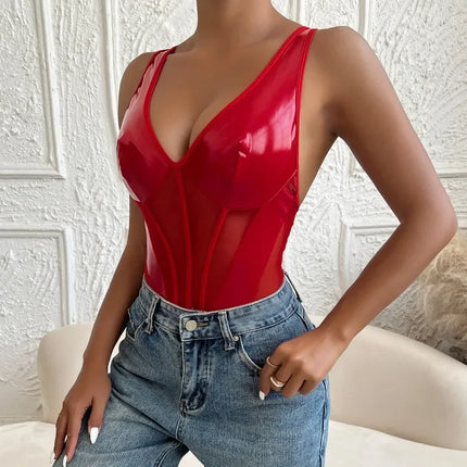 Toucheart Sexy V-neck Sexy Jumpsuit With PU Reflective Patent Leather Splicing Mesh See-through Solid Color Suspender Bodysuit