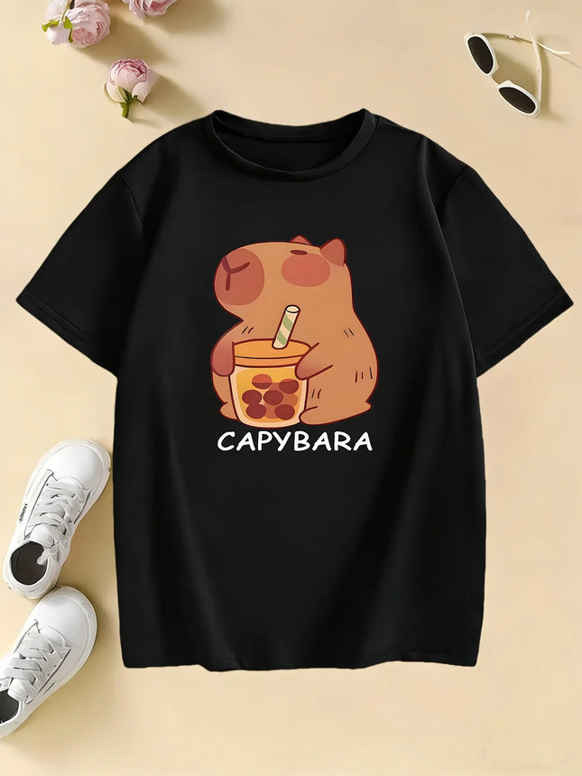 Girls' Trendy Capybara Letter Print Design T Shirts Kids Children's T-shirt Boys Girls Summer Spring Casual Top Tee
