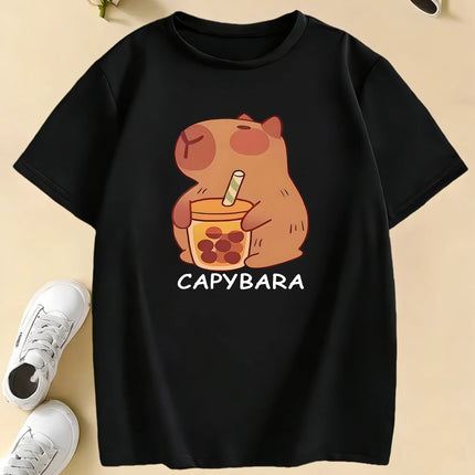 Girls' Trendy Capybara Letter Print Design T Shirts Kids Children's T-shirt Boys Girls Summer Spring Casual Top Tee