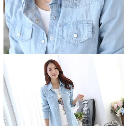 Slim Fit Cotton Denim Shirt Long Sleeve Women's Spring Autumn Summer Student Professional Outerwear Fashionable Casual Top