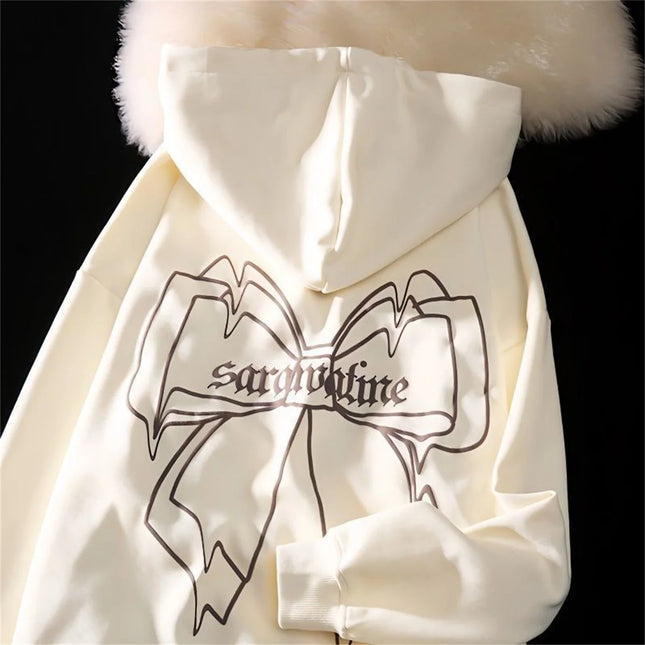 2025 New Cute Girl Zipper Bow Print Hooded Spring And Autumn Thin Collection Fashion Trends Versatile Casual Lazy Wind ﻿