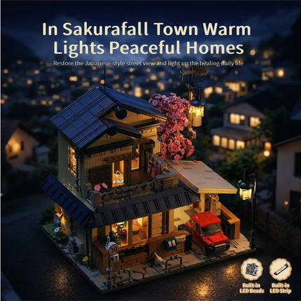 Japanese Street Scene Series Building Blocks Set with Lights: House Desktop Ornament, Educational Assembly Toy, Birthday Gift