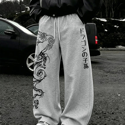 Men's Harajuku Tribal Dragon Vertical Japanese Text Print Wide Leg Sweatpants Drawstring Soft Asian Street Loose Trousers