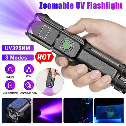 Portable UV Flashlight UV 395NM Zoomable ABS Torch 3 Modes Camping Ultraviolet Flashlights For Pet Stacks Fluorescent Detection