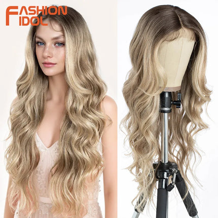 FASHION IDOL 28 Inch Body Wave Lace Front Wigs Synthetic With Baby Hair Wigs For Women Ombre Blonde Higlight Lace Wigs Cosplay