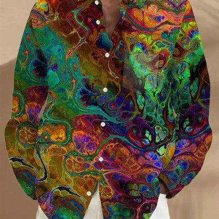 Men's Long Sleeved Printed Shirt, Single Breasted Stand Up Collar Shirt, Fashionable Casual Top