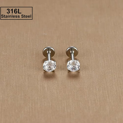 2PC Labret Tragus Stud Earrings 16G Surgical Stainless Steel CZ Crystal Monroe Helix Cartilage Conch Medusa Lip Body Piercing