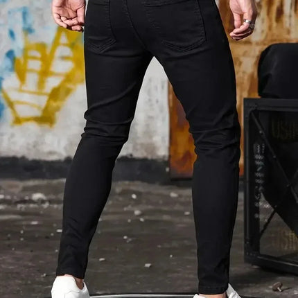 Men Jeans Stretch Skinny Denim Pants Solid Color Black Blue Spring Luxury Street Harajuku Hip-Hop Style Slim Fit Trousers Brand