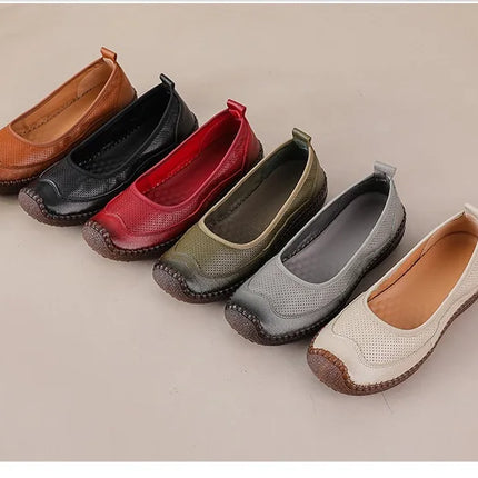 New Real Leather Perforated Ballet Flats Women's Massage Insole Slip On Moccasins Woman Hollow Loafer Casual Daily Shopping Shoe