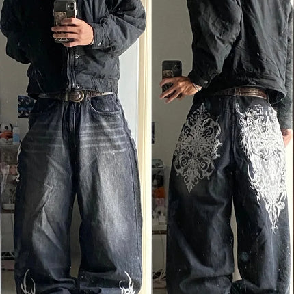 vintage style printing black baggy jeans harajuku trend men women hip hop fashion casual Joker couple Wide-leg pants streetwear