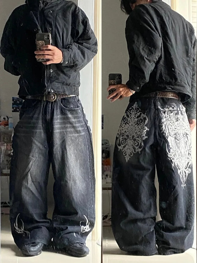 vintage style printing black baggy jeans harajuku trend men women hip hop fashion casual Joker couple Wide-leg pants streetwear