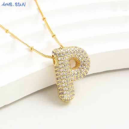 SUNSLL Cubic Zircon A-Z 26 Bubble Letter Necklace 2 Sizes Gold Plated M Chunky Balloon Initials Pendant Women Chain Jewelry 2024