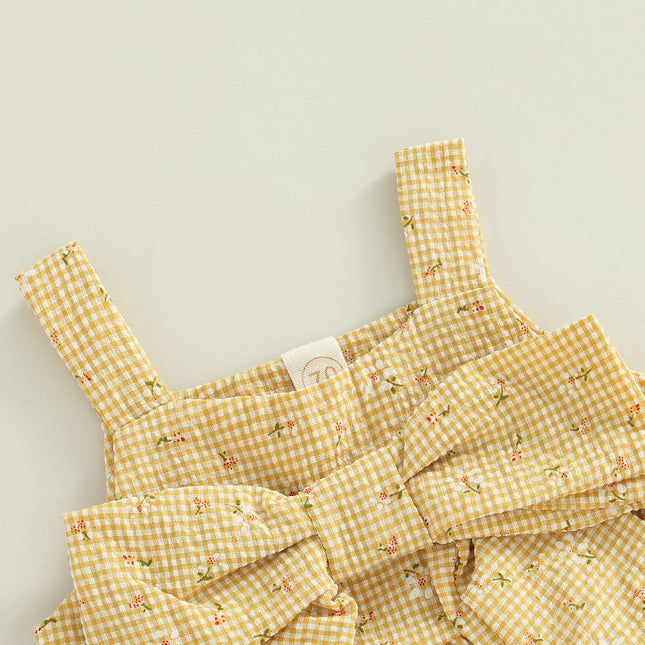 Baby Girls Infant Two Piece Set, Sleeveless Floral Plaid Pattern Bow Decor Camisole Elastic Waist Shorts