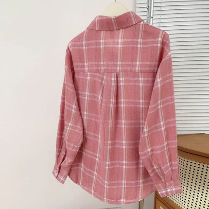 Retro Hong Kong Style Loose Long Sleeve Pink Plaid Shirt Women's Autumn Summer Lazy Slimming Casual Versatile Outerwear Top