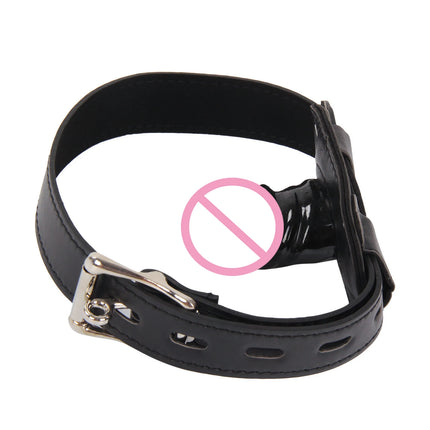 PU Leather Headgear Hood Dildo Open Mouth Oral Gag Bite Silicone Penis Plug Lockable Harness BDSM Bondage Adult Playing Sex Toy