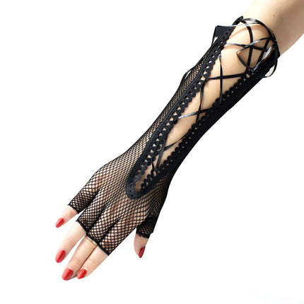 Women's summer sexy mesh strap gloves long half finger lace hollow Halloween cosplay performance etiquette gloves
