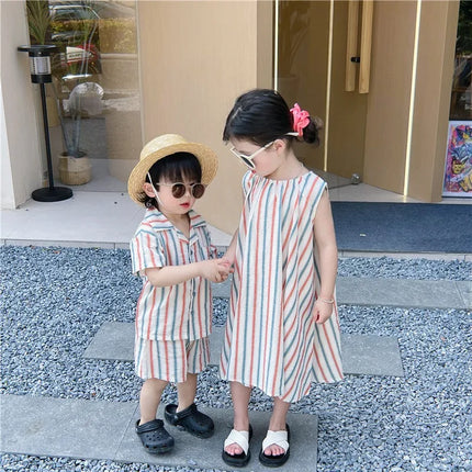 Summer Toddler Siblings Attire Turn Down Collar Top Striped Shorts Infant Boy Suit Loose Sleeveless Retro Dress Baby Girl Outfit