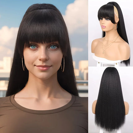 Synthetic Hairpiece Yaki Drawstring Ponytail Extension with Bangs - Long Yaki Straight Clip in for Black Women for Daily Party