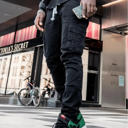 new Jeans Men Pants Wash Solid Color Multi Pockets Denim Mid Waist Cargo Jeans Plus Size Fahsion Casual Trousers Male Daily Wear
