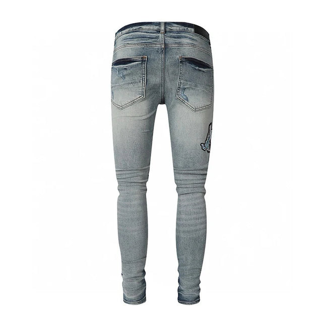 Retro Men's Light Blue Jeans Y2K Fashion High Street Hip Hop Brand Pants with Perforation Patch Nostalgic Washed Letter Design