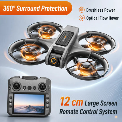 Drone Brushless Motor Wind Resistant RC Drone 12.5cm Large Screen Remote Control 360° Surround Protection Optical Flow Hover One Button Control Toy Drone