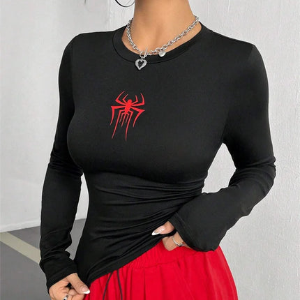 Women Spider Print Round Neck Long Sleeve Crop Tee Top Autumn Winter Spring Y2K Clothes Slim fit T-shirt