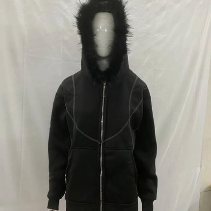 Dark Gothic Solid Color Plush Hat Collar High Street Hip Hop Long Sleeve Hoodies 2000s Autumn Winter Warm Windproof Loose Coat