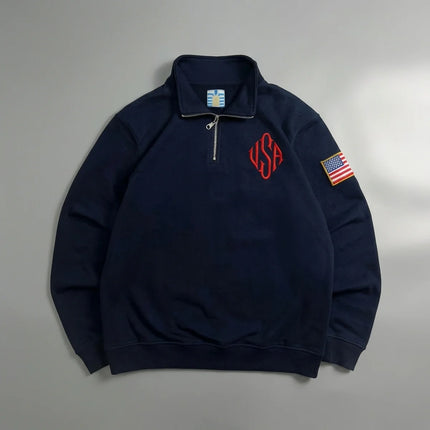 Y2K American Flag Embroider Hoodies Quarter Zip Sweatshirts Men Navy Blue White Pullover Patch Sleeve Streetwear Casual Sweater