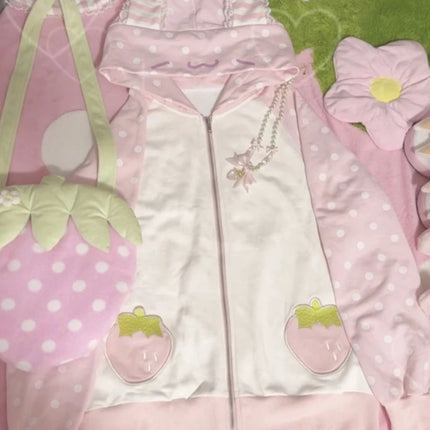 Japanese Kawaii Rabbit Ears Hoodies Tops Women Design Loose Dot Lace Patchwork Cute Coat Harajuku Chic Sweet Lovely Sweatshirts