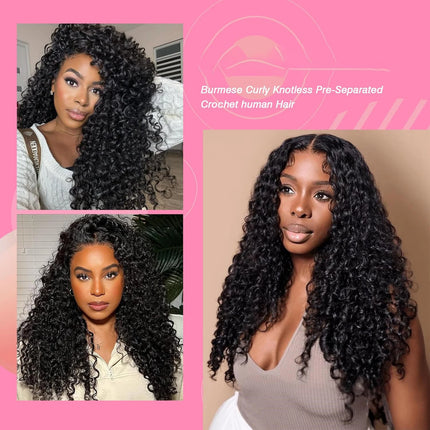 Burmese Curly Crochet Human Hair Pre Looped Deep Wave Human Hair Crochet Miracle Knots Feathered Human Crochet Hair Extensions