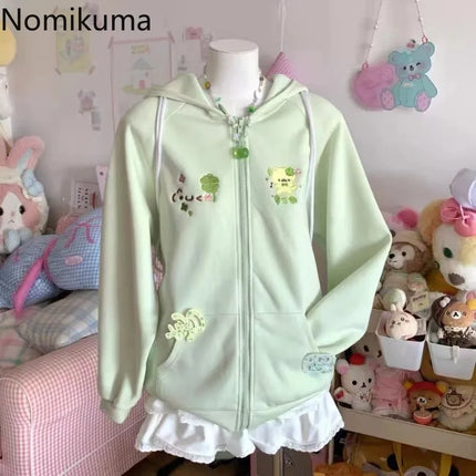 Women Clothing Anime Zip-up Hoodie Jackets Cat Embroidery Cute Outerwear Hooded Casual Fashion Sweatshirts Japanese Cute Tops