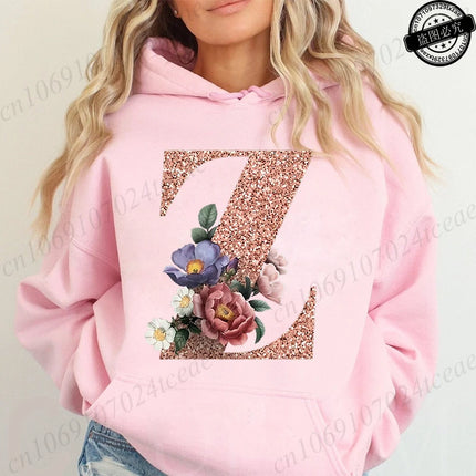 Rose Gold Letter A~Z Printed Women's Sweatshirts Hoodie Fashion Women Hooded Hoodies Casual Harajuku Streetwear Pink Clothing