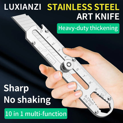 LUXIANZI 10 IN 1 Stainless steel Knife Retractable Waterproof Outdoor Camping Tool Multifunctional Utility Cutter Knife Blades