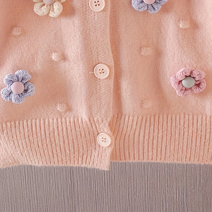 Girls' Embroidered Three-Dimensional Flower Cardigan Sweater, Baby Girl's Autumn Comfortable, Soft and Versatile Knitted Jacket