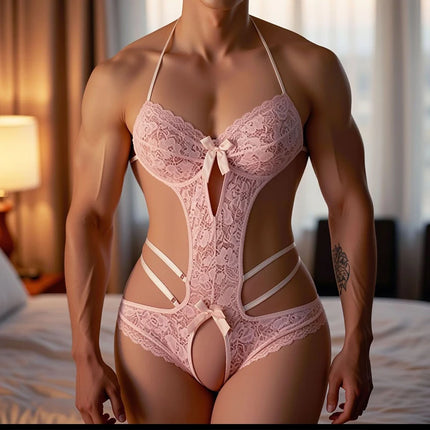 adult Men's sexy lingerie pink lace bodysuit hollowed out crotchless male servant bundle uniform femboy sex suit exotic gadgets