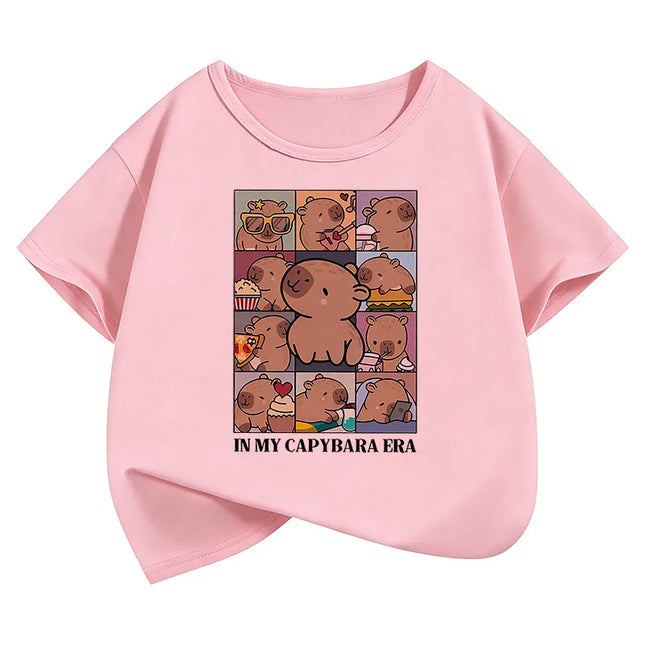 Kawaii Shirt Capybara Graphic Kids T-shirts Summer Short Sleeve Tees Cartoon Animal Boys Girls Clothes Tops Y2K Children T-shirt